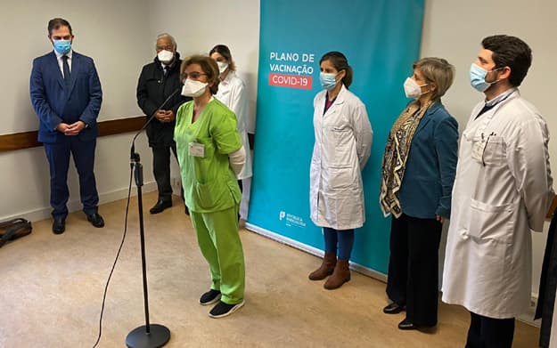Primeiro-Ministro António Costa, Ministra da Saúde, Marta Temido e Secretário de Estado Duarte Cordeiro no começo da nova fase do processo de vacinação contra a Covid-19, Lisboa, 3 fevereiro 2021
