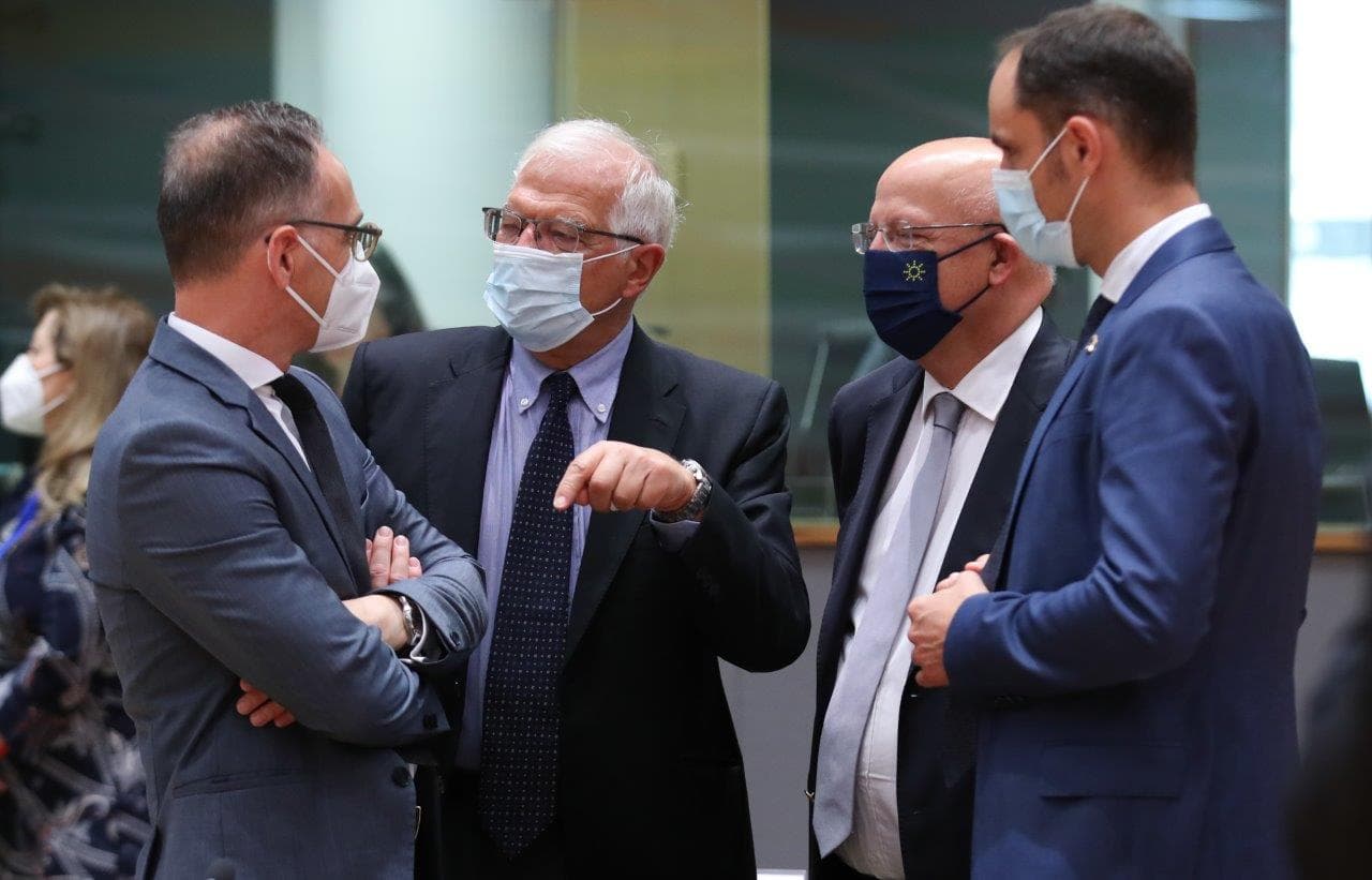 Ministro de Estado e dos Negócios Estrangeiros, Santos Silva, com o Alto Representante Josep Borrel e os homólogos da Alemanha, Heiko Maas, e da Eslovénia, Anže Logar, no Conselho de Ministros da UE, Bruxelas, 12 julho 2021 (foto: UE)