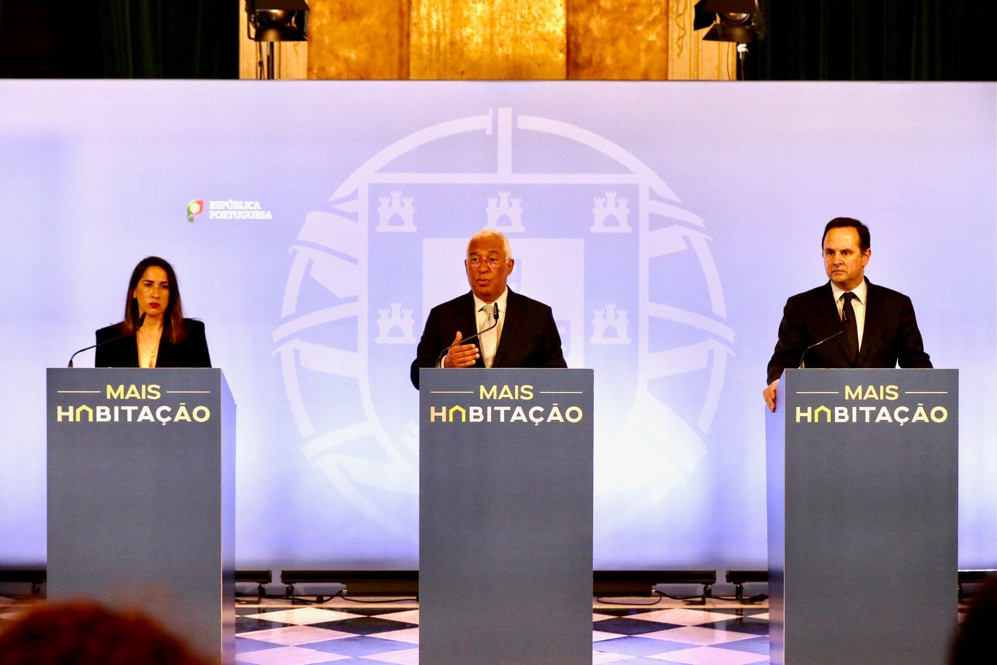 Primeiro-Ministro António Costa, Ministro das Finanças, Fernando Medina, e Ministra da Habitação, Marina Gonçalves, na conferência de imprensa do Conselho de Ministros, Lisboa, 16 março 2023